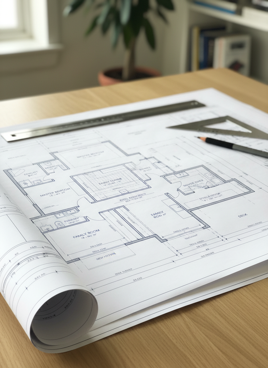 A large, meticulously detailed set of residential architectural plans spread across a clean, light oak drafting table. The blueprints show a two-story home addition with clear room labels, dimension lines, and structural notes, all neatly annotated. A metal architect’s scale, a sharpened mechanical pencil, and a precise steel triangle rest beside the drawings. Soft, indirect daylight from an unseen window washes over the scene, creating gentle, realistic shadows that emphasize the crisp paper edges. Photographic realism at an eye-level angle, with moderate depth of field that keeps the plans in sharp focus while subtly blurring the uncluttered studio background. The mood is professional, calm, and organized, conveying accuracy and build-ready detail for real-world construction.