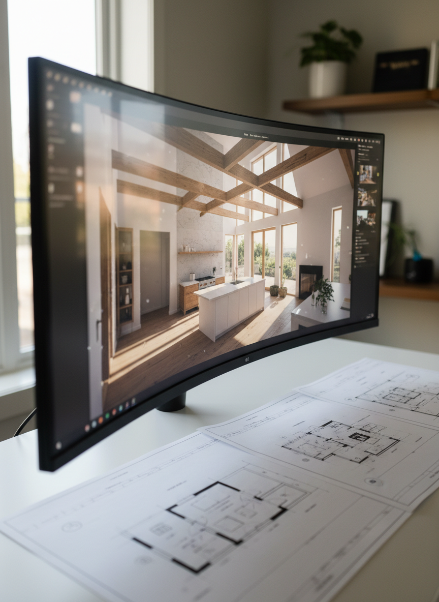 A bright, modern home office workspace featuring a large, ultra-wide monitor displaying a detailed 3D rendering of a residential renovation. The screen shows a realistic open-concept kitchen and family room, with structural beams and window placements clearly visible. Below the monitor, a tidy row of printed floor plans and elevation views is laid out on a matte white desk. Natural daylight from a nearby window illuminates the scene, with soft reflections on the monitor and a gentle gradient of light across the plans. Photographic realism from a slightly elevated angle, using a shallow depth of field to keep the screen and nearest drawings razor-sharp. The atmosphere feels focused, technically sophisticated, and client-ready, perfect for visualizing design options before construction.