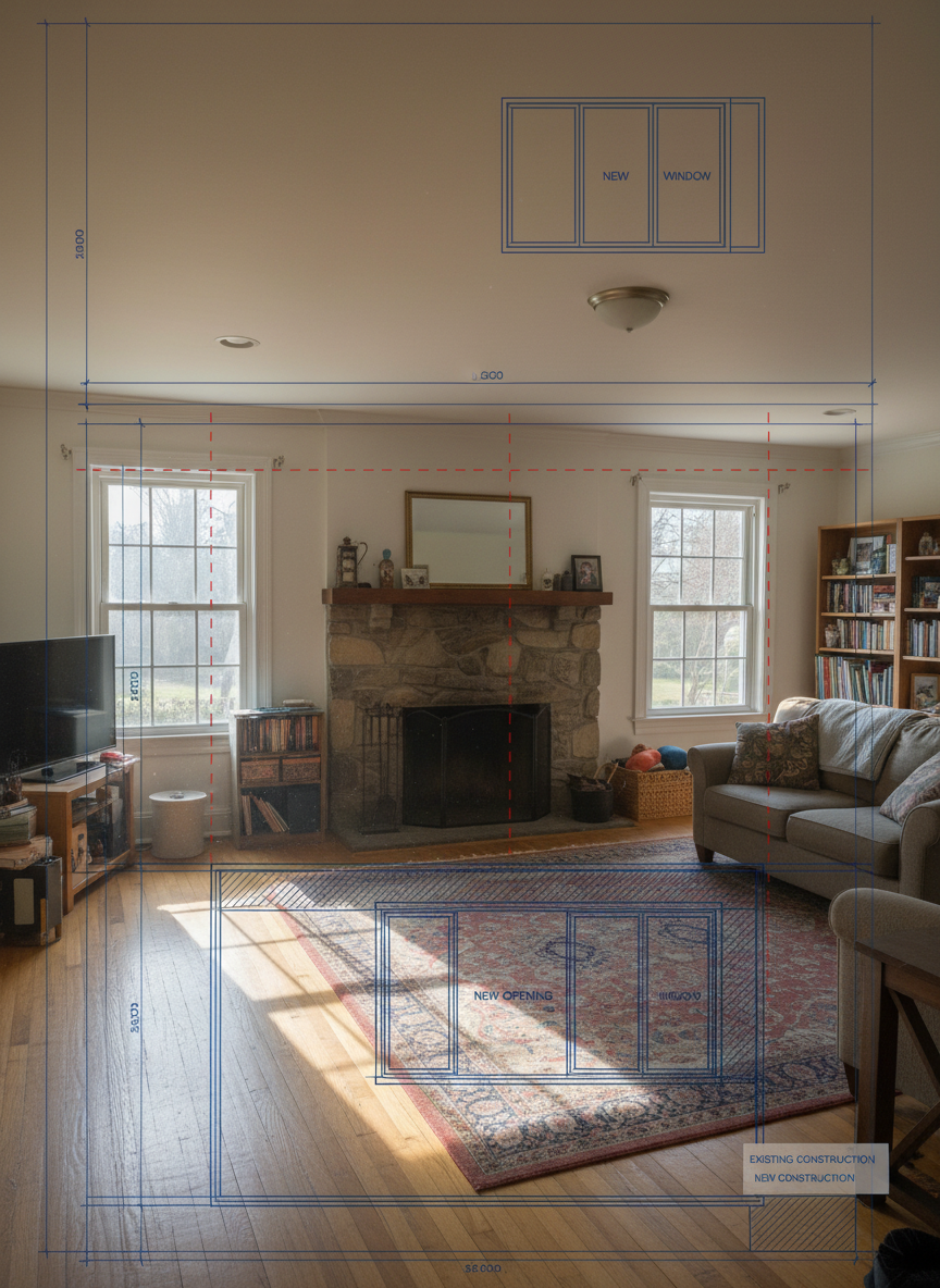A cozy, lived-in residential interior photographed from a corner perspective, with an overlay of semi-transparent architectural linework precisely aligned to the room. The drafting overlay shows proposed wall removals, a new cased opening, and relocated windows, clearly differentiating existing and new construction with varied line weights and hatch patterns. Afternoon natural light streams through existing windows, casting gentle shadows on hardwood floors and subtly passing through the transparent plan graphics. Photographic realism with a balanced, wide-angle composition that keeps both the room and overlay in crisp focus. The mood is optimistic and practical, illustrating how thoughtful residential drafting translates homeowner ideas into clear, constructible renovation plans, without any human figures present.