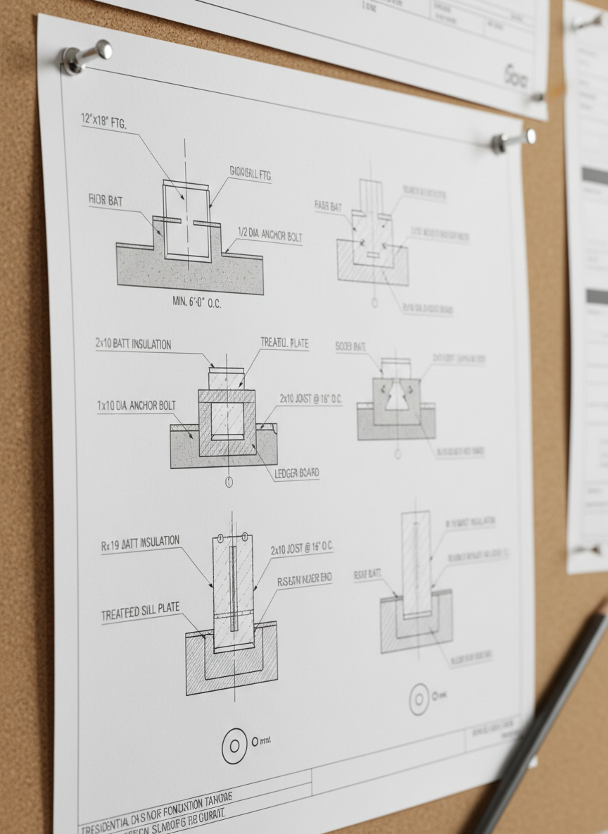 A high-resolution close-up of a detailed residential foundation and framing detail sheet pinned to a clean corkboard in a drafting studio. The drawing shows footing sizes, anchor bolt spacing, sill plate notes, joist hangers, and insulation callouts, all labeled with precise leader lines and professional text styles. The paper has a subtle matte texture, and the print is perfectly crisp. Side lighting from a nearby desk lamp creates gentle, realistic shadows along the pinned edges and gives depth to the linework. Photographic realism with a tight, slightly angled composition that fills the frame with technical content, background softly blurred. The mood is highly technical and trustworthy, communicating that every structural aspect of the home addition has been carefully considered for real-world construction.