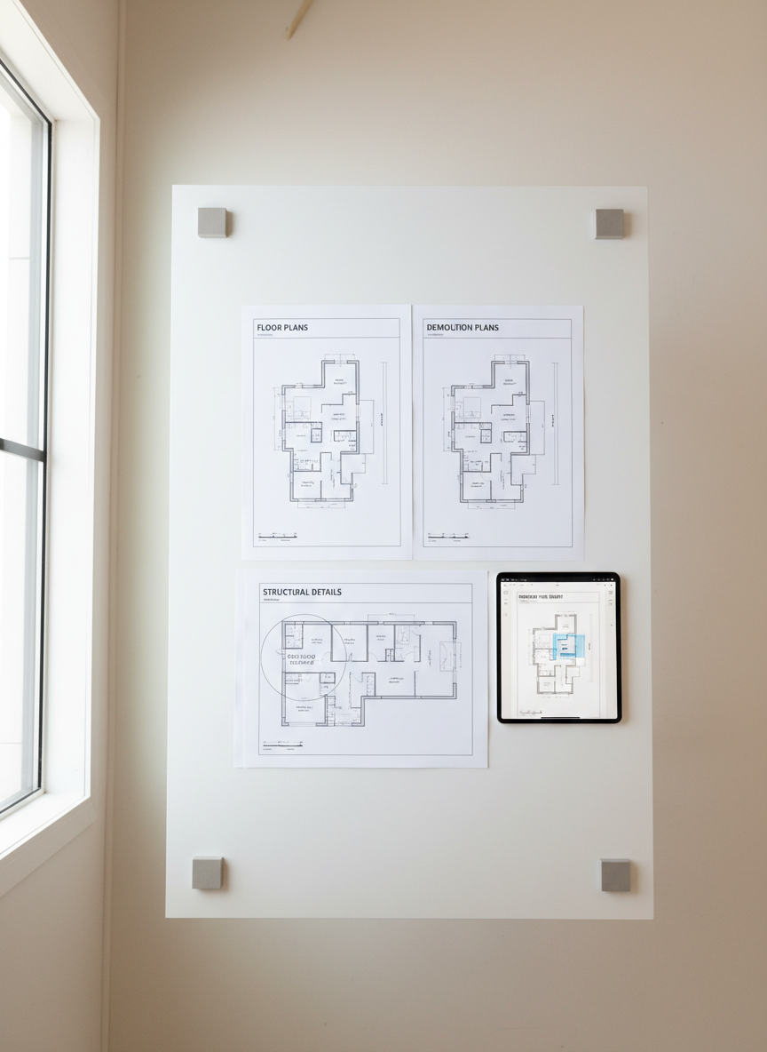 A clean white conference table in a minimalist studio setting, covered with a neatly arranged set of printed home renovation documents: floor plans, demolition plans, structural details, and permit-ready title sheets. Each sheet is clearly labeled with professional-looking headers, scales, and revision clouds. A tablet lies nearby, displaying the same plan set in a digital viewer, perfectly aligned with one of the printed pages. Soft, diffused daylight from a large, unseen window creates even, shadow-free lighting across the papers, emphasizing legibility and technical precision. Photographic realism from a top-down, bird’s-eye composition, ensuring all sheets are readable while maintaining a modern, organized aesthetic. The mood is calm, clear, and methodical, underscoring a smooth path from concept to permitting and bidding.