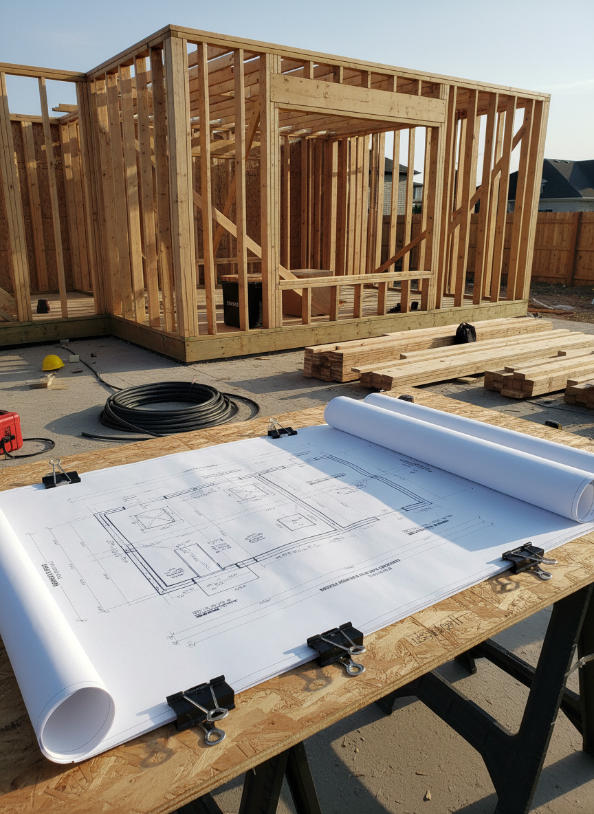 A partially constructed home addition captured from a slightly elevated, wide-angle perspective, with crisp, professionally printed construction drawings clipped to a sturdy plywood sheet in the foreground. The plans clearly show framing layouts, window locations, and foundation details that match the structure rising behind them. Afternoon sunlight casts clean, defined shadows across the lumber and the drawings, highlighting measurement lines and callouts. The background includes neatly stacked materials and a well-organized jobsite, slightly softened by depth of field to keep attention on the plans. Photographic realism with a clean, documentary style, emphasizing the direct connection between accurate residential drafting and real-world buildability. The mood is confident and practical, showcasing plans that truly guide construction on-site.